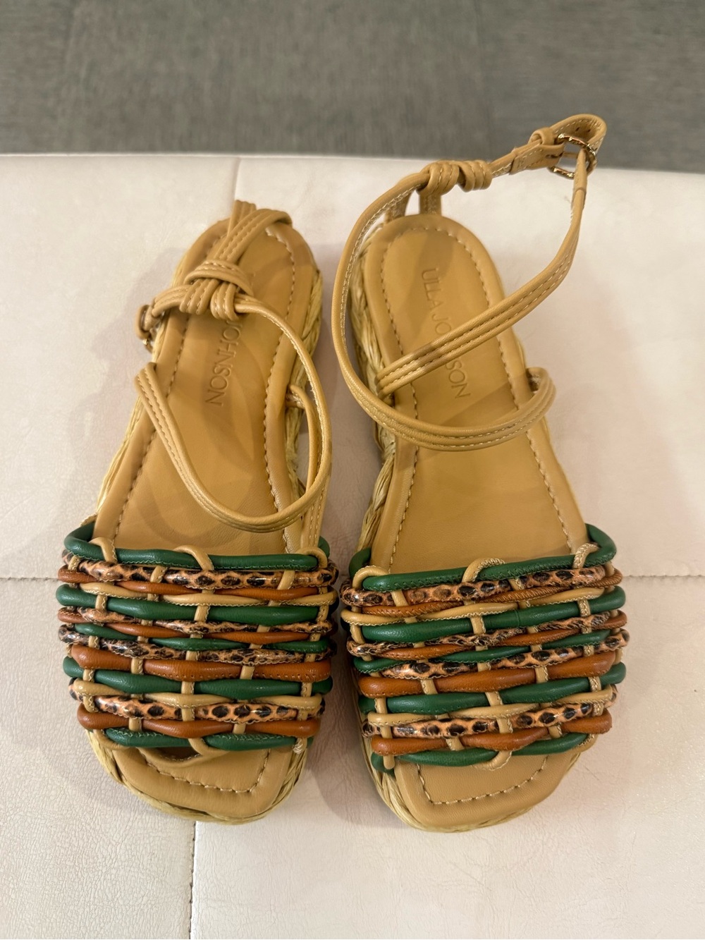 Ulla Johnson Tan Sandals with Green and Leopard-Accent Woven Straps
